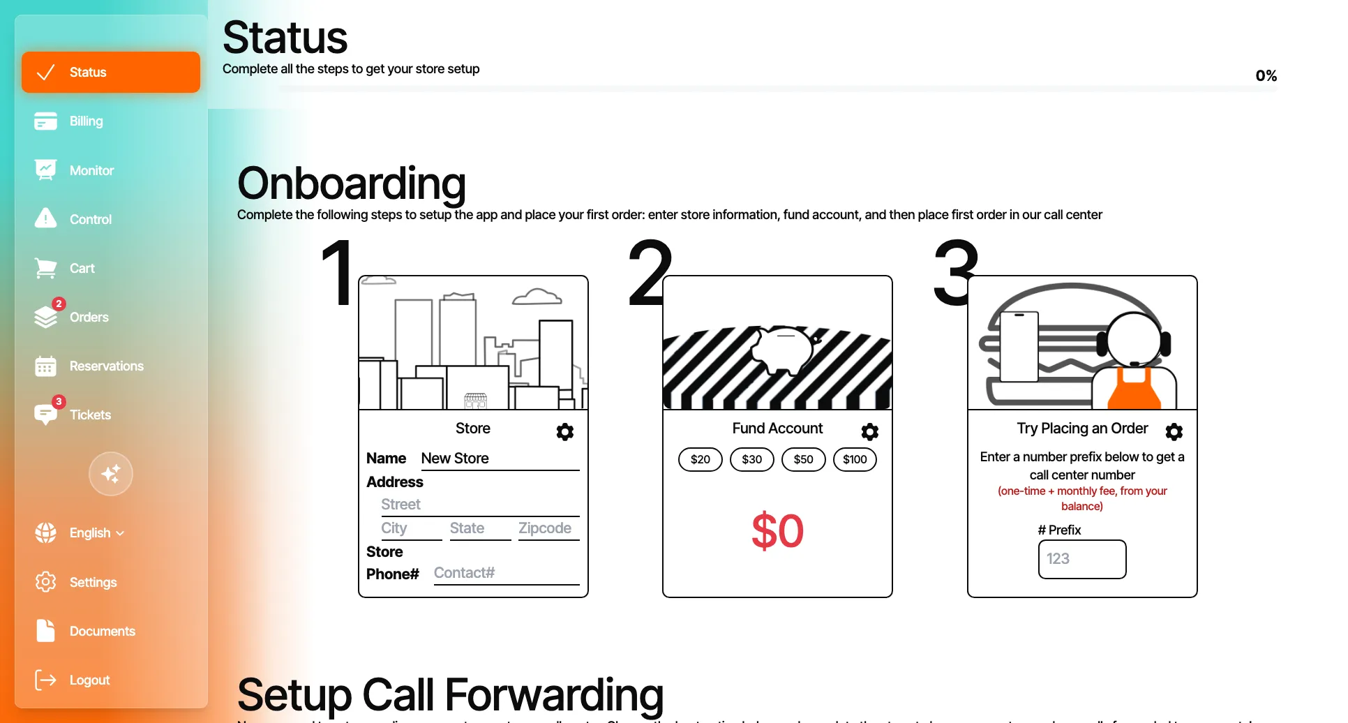 The Ameala owner app on a desktop: the Status page's onboarding steps — store, fund account, try placing an order